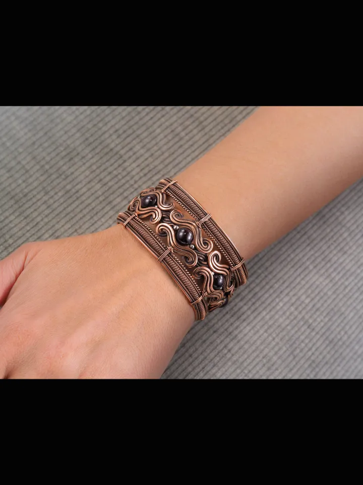 Copper wire wrapped garnet bracelet Unique bangle 7th Wedding Anniversary