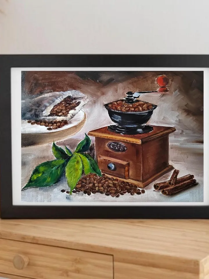 Manual Coffee Mill & Coffee Beans Artwork Original Oil Painting 10.63x15.35 in by ArtCafe