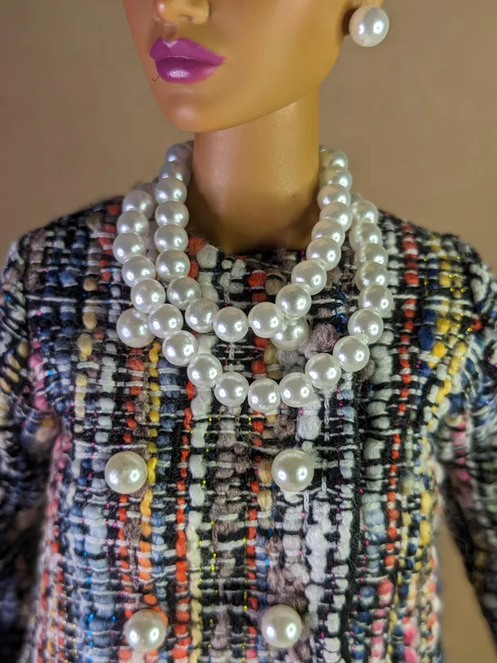 Handmade checked black & blue suit with pearl clasps for 16-inch Fashion Royalty dolls (FR16)