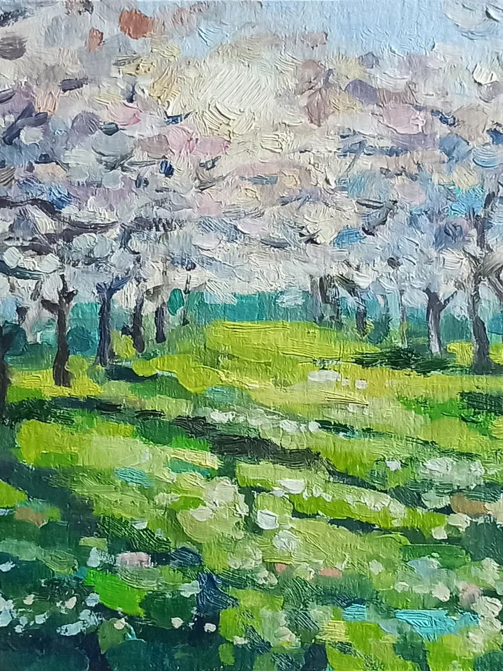 Bright Landscape Flowering Fruit Trees Beautiful Garden Small Oil painting 5x7 inches Cherry Blossoms
