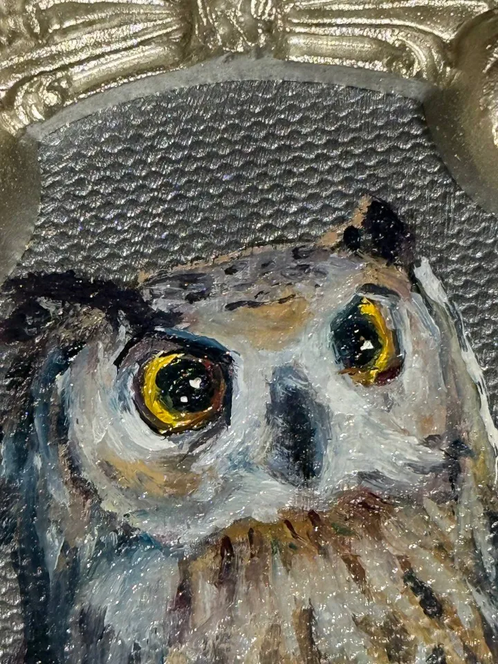 Owl Oil Painting Original In Vintage Style Frame Small Framed Bird Art Baby Owl