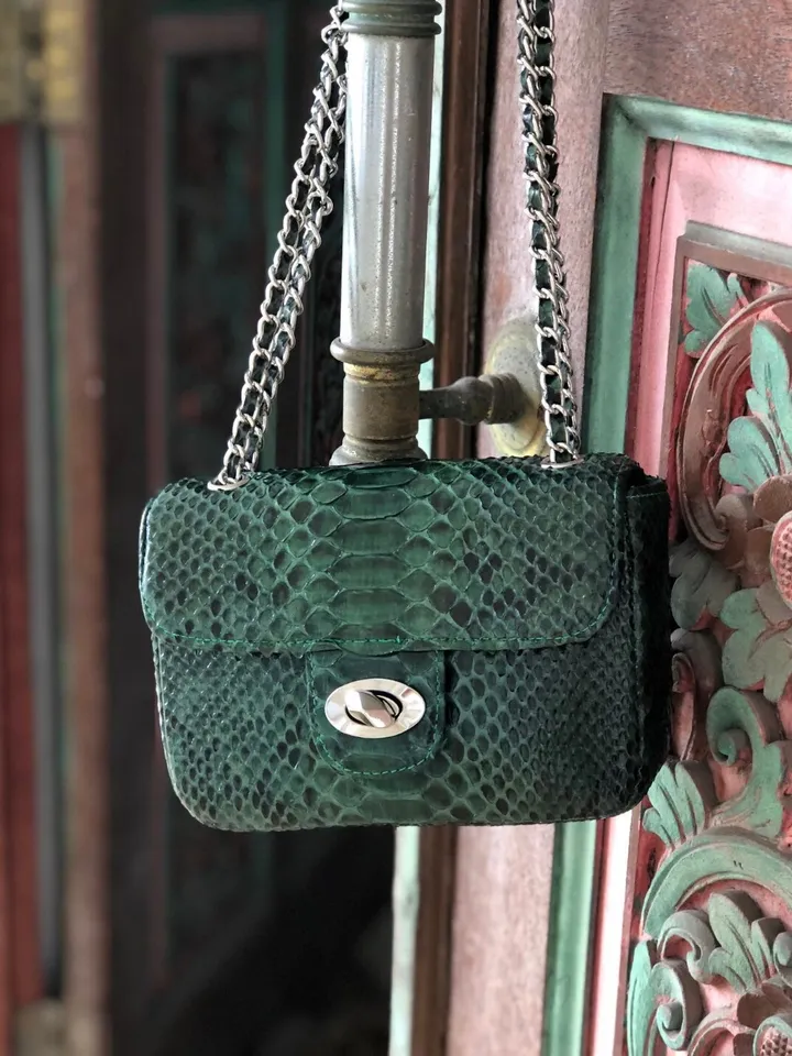 Dark green Crossbody Bag Genuine Python Skin | Adjustable Chain Classy Elegant snake Crossbody Small Lady Summer Bag | Python Purse
