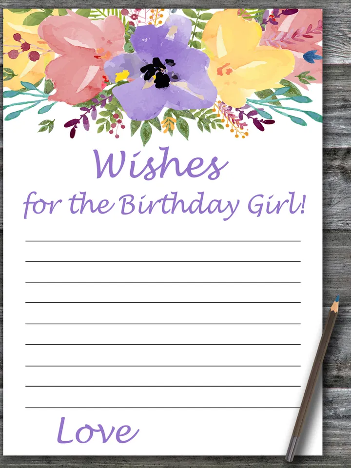 Watercolor flowers Wishes for the birthday girl,Adult Birthday party game printable-fun games for her-Instant download