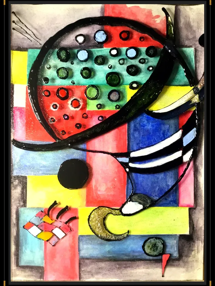 Abstract Stained glass painting,Kandinsky 1935 year ,fixed.Mix media painting, watercolour and stained glass artwork.