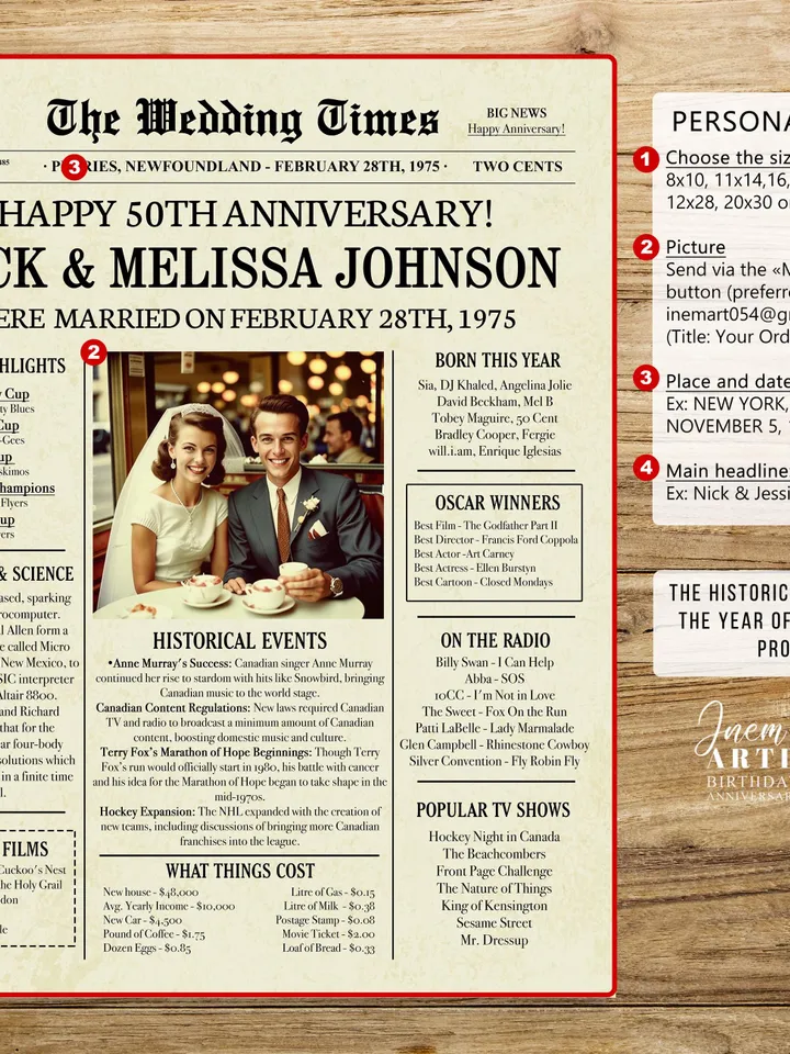50th wedding anniversary gifts, 50th anniversary gifts for parents, 50th anniversary newspaper, 1975 wedding anniversary gift for him CANADA