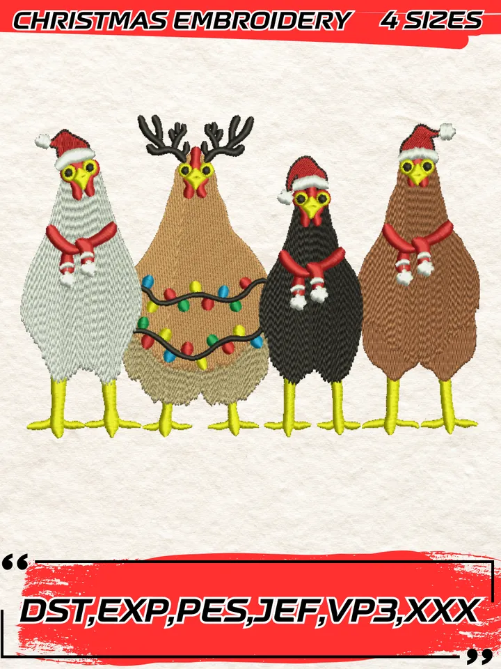 Chickens Christmas Embroidery Design,Christmas Embroidery Design,4 Sizes, Digital Download