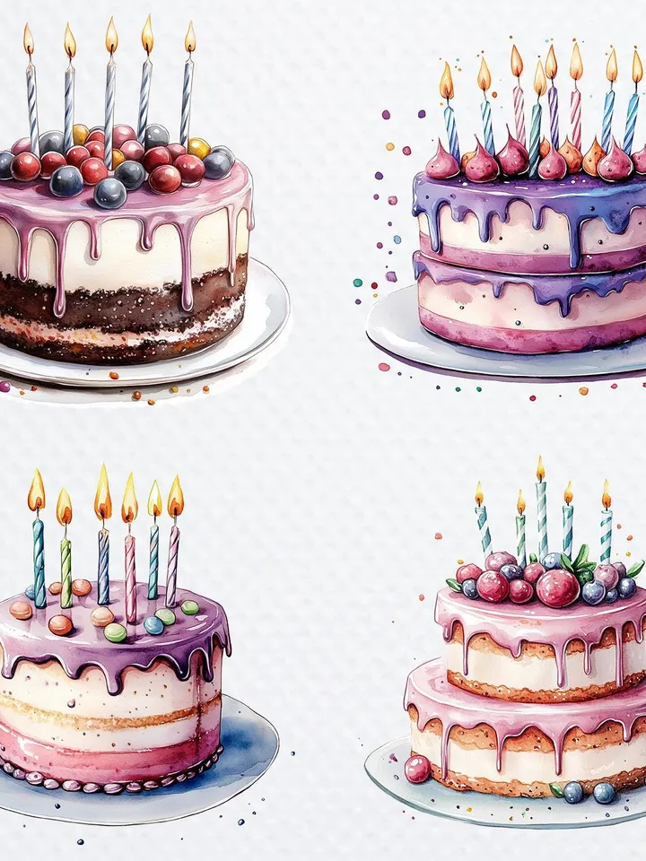 12 Tasty Birthday Cake PNG Bundle, Printable Watercolor sublimation, High Quality PNGs, Digital download, Paper crafts, junk journals