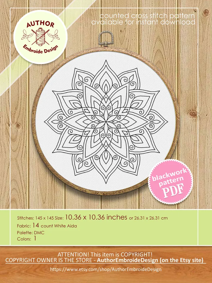 Floral mandala blackwork pattern PDF Blackwork mandala embroidery download PDF, Mandala cross stitch, Mandala ornament Backstitch chart #W34
