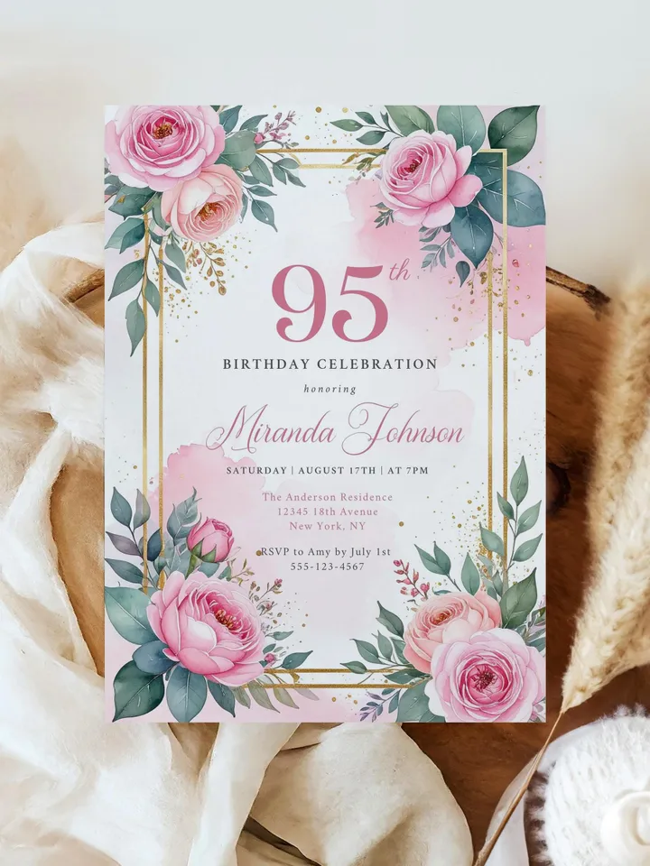 95th Birthday Invitation for Women – Pastel Dusty Pink Floral & Gold, Elegant Printable Party Invite for Grandma or Mom, Canva Template