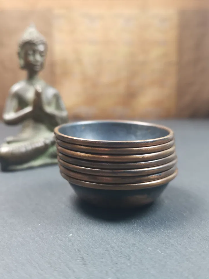 Gandhanra Handmade Tibetan Buddhist Water Offering Bowls,Yonchap Bowls,Made of Red Copper,1 Set of 7 Bowls,1.9"