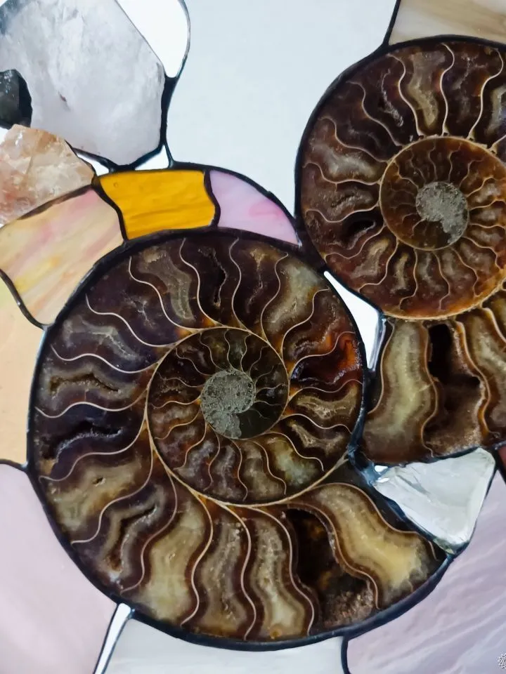 Paired Ammonites on a Stand, Paired Stained Glass Ammonites on Stand, Paired Ammonites, Ammonite Duo on Stand, Twin Fossil Ammonites, Ammonite Sculpture with Gemstones, Stained Glass and Ammonite Art, , Twin Ammonites with Stained Glass Accents