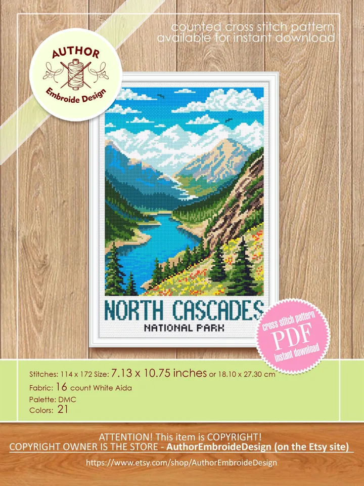 North cascades national park cross stitch pattern PDF download Travel poster cross stitch chart, Mountain landscape pattern digital PDF #L97