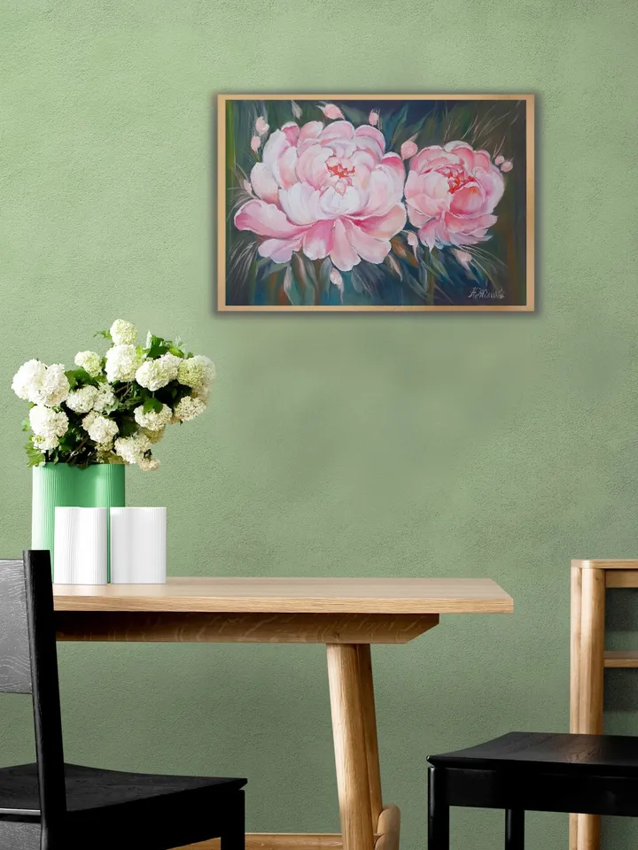 Pink peony oil painting, Peony flower oil painting 61 x 43 cm