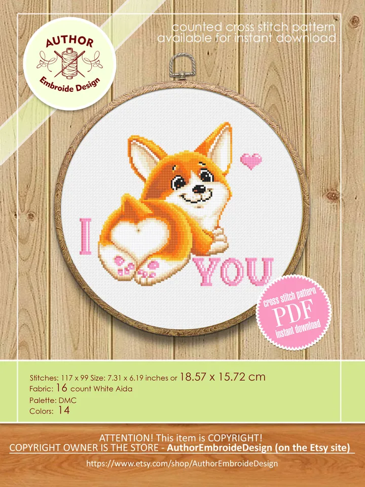 Cute corgi cross stitch pattern download PDF, Dog cross stitch, I love you, Funny pet cross stitch, Dog lover gift, Corgi embroidery #K13