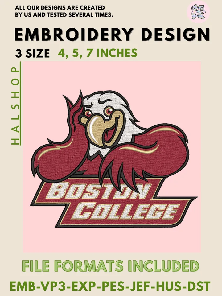 Boston College Eagles NCAA Team Funny Mascot Logo Embroidery Design Files – College Sports Machine Embroidery, 3 Sizes, Digital Instant Download