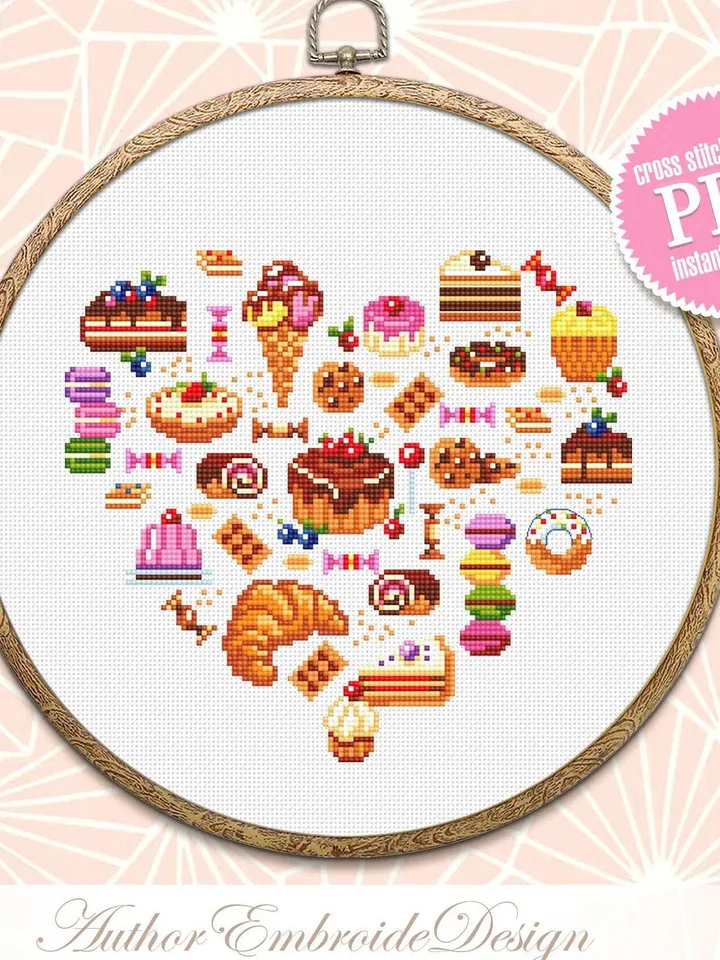Dessert cross stitch pattern download PDF Small sweets sampler cross stitch, Mini food cross stitch chart, Bakery art, Kitchen decor #F14