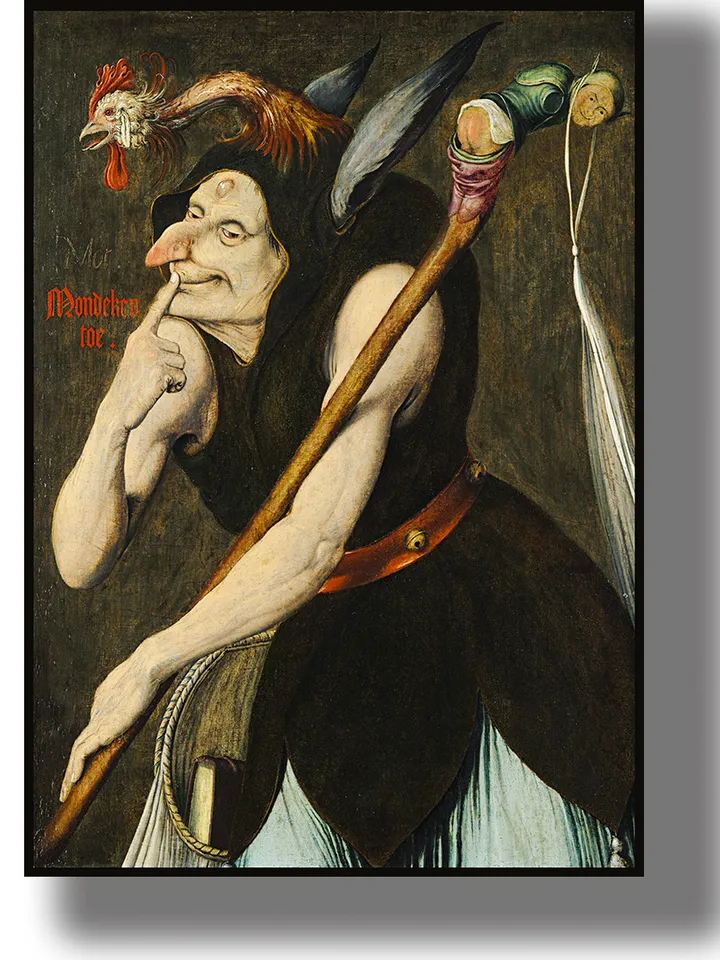 An allegory of folly. Medieval jester and his symbols. Poster with fool.