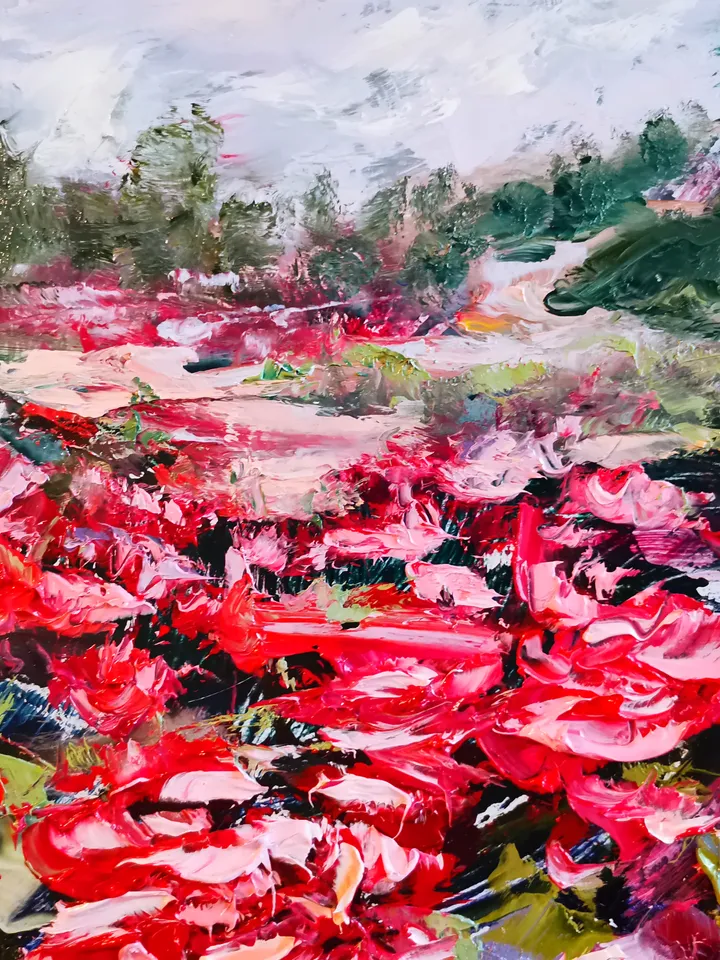 Oil Painting Flower Rose Bushes Trail Landscape Impasto Original Artist Svinar Oksana