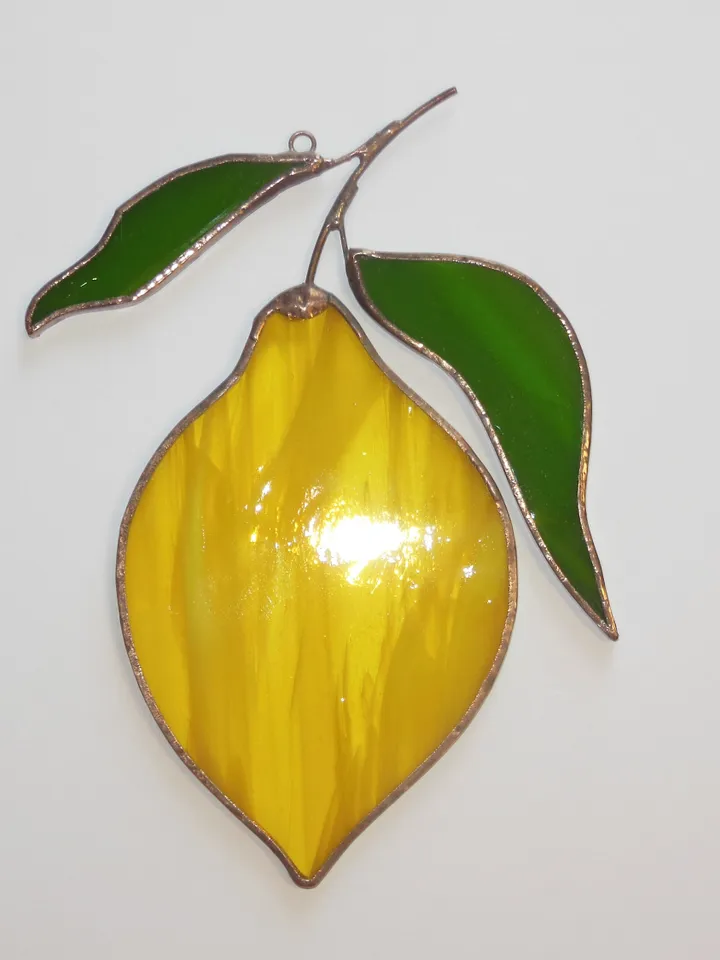 Yellow Lemon . Art stained glass window hanging Suncatcher (texture S ) kitchen fruit berries