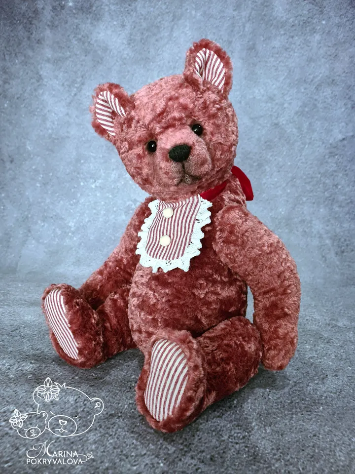 Handmade teddy bear. 34 cm plush bear toy. Dark pink teddy bear birthday gift.