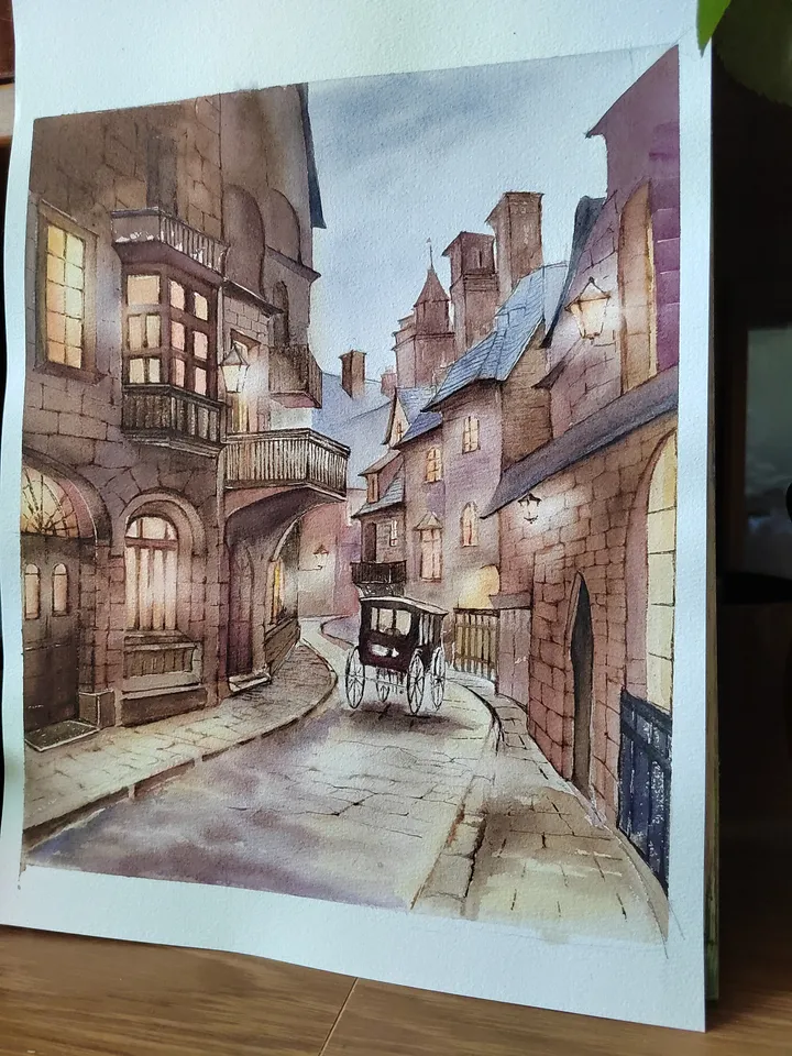 Original Watercolor Painting Victorian Urban Landscape Art English street Artwork 30x38 cm by SoftWaves