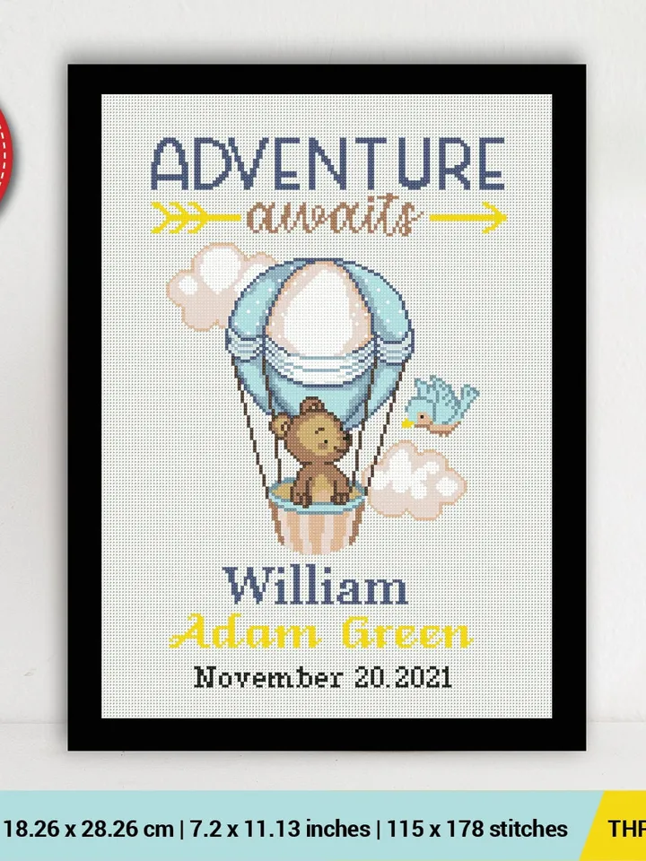 Birth announcement Bear Balloon, cross stitch pattern, baby, personalized, Adventure awaits, boy girl nursery, DIY, embroidery, instant PDF
