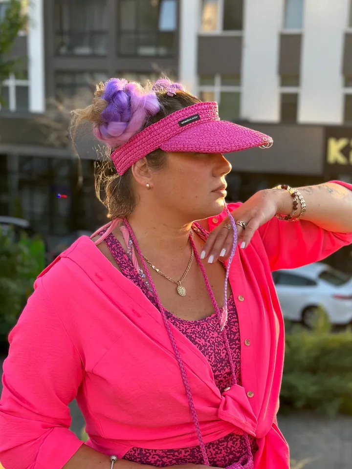 Pink women visor, summer hat, visor cap, set hat with small phone bag, raffia Eco-Friendly, little shoulder bag, cottegecore, floppy hat