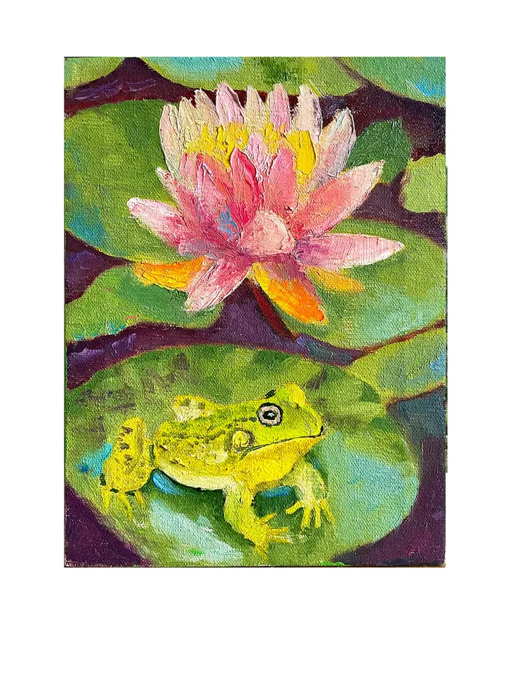 Lotus and Frog Painting, Original Oil Painting on Canvas, Water Lily Art