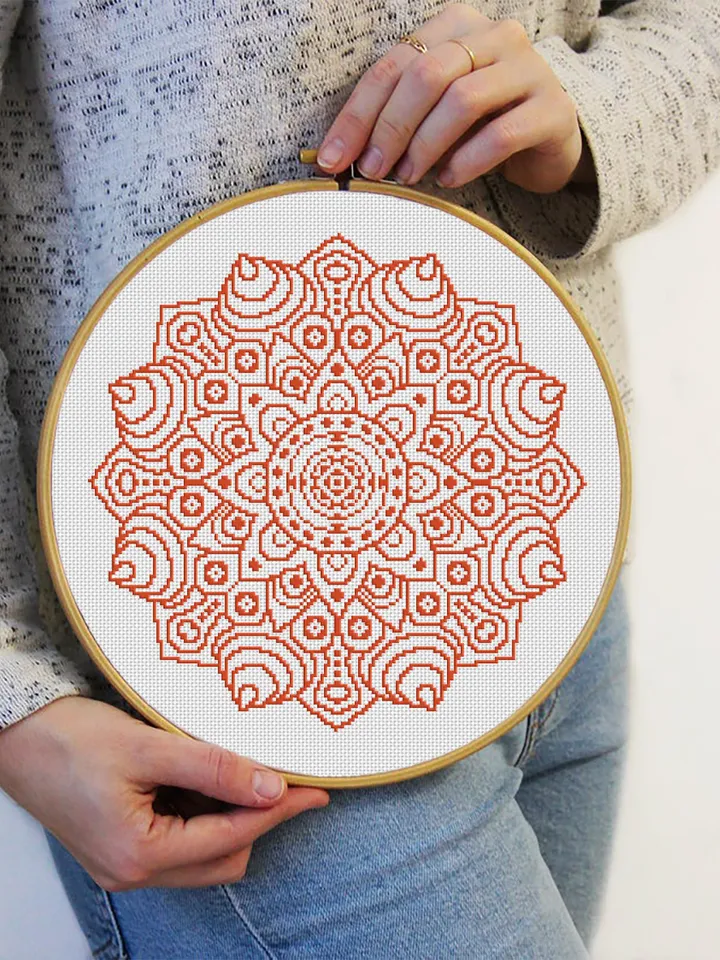 Mandala cross stitch pattern download PDF Monochrome floral ornament hand embroidery, Simple geometric pattern PDF Easy beginner stitch #M77
