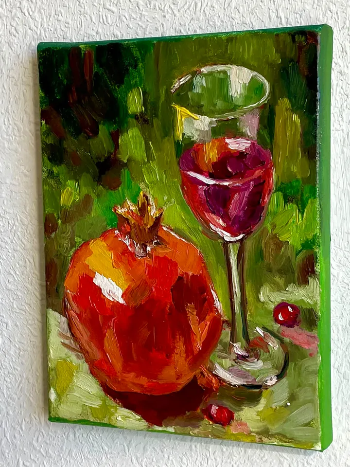 Pomegranate fruit painting Original, Wine Glass Still Life Painting, Small modern art 8" x 6"