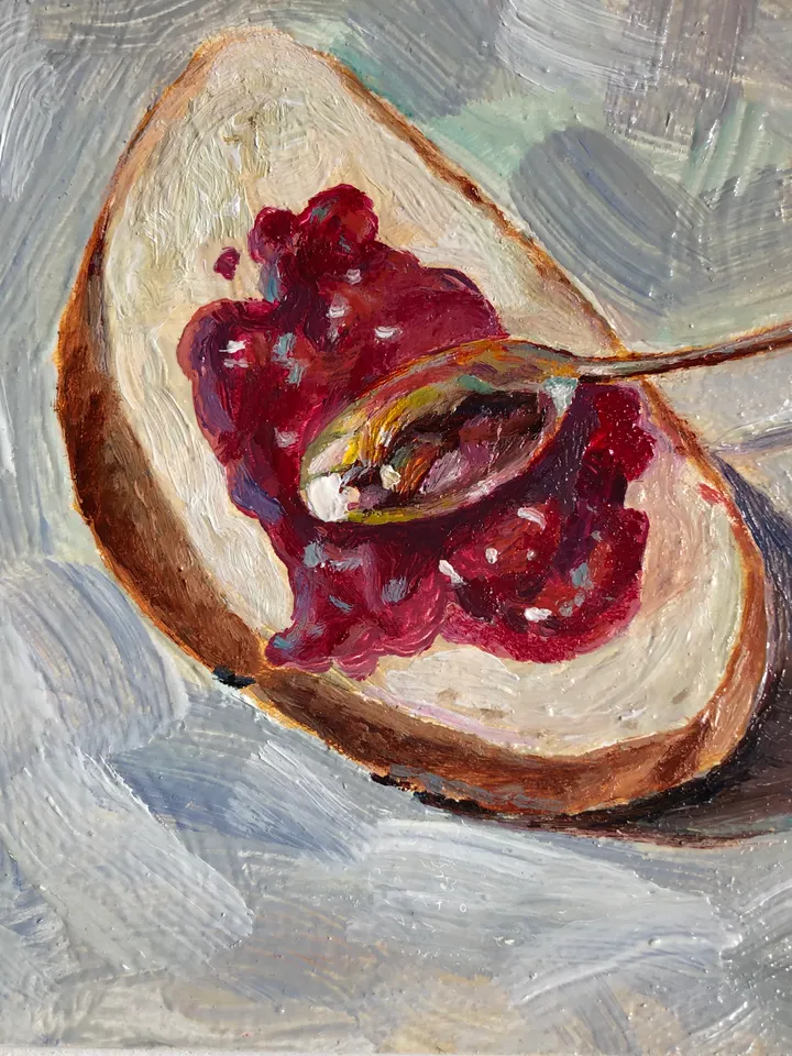 Bun with jam food art modern painting original oil painting art painting 6 x 6 inches