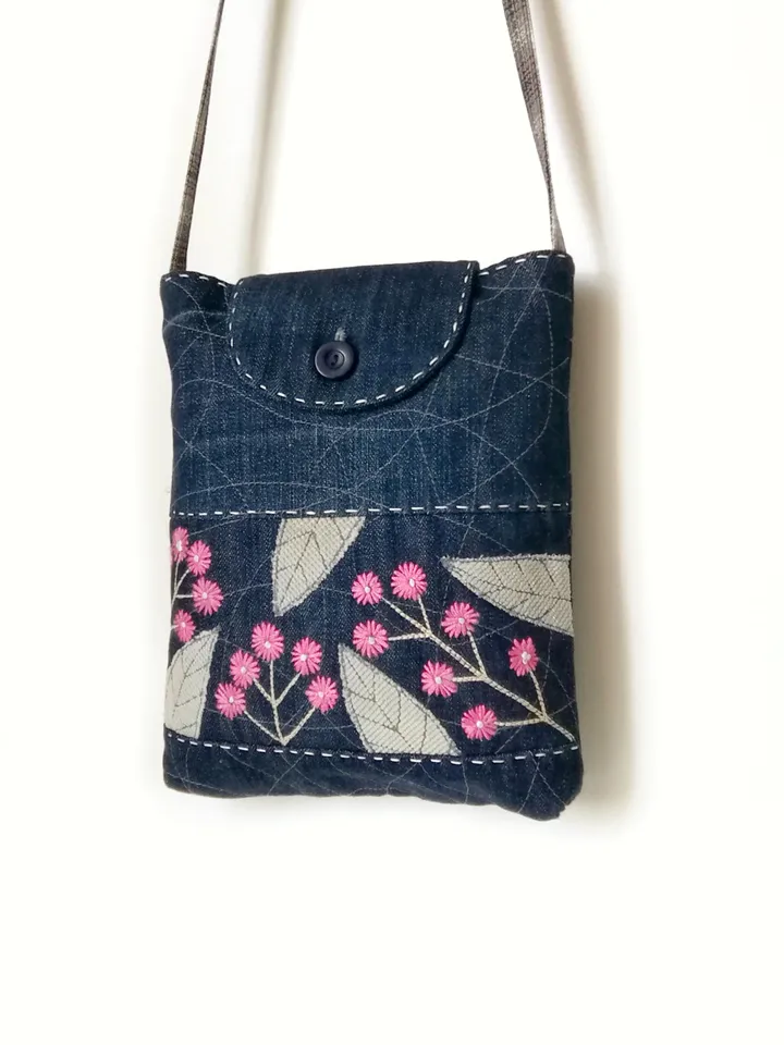 Handmade Small Denim Hand Embroidered Purses for Women, Handcrafted Boho Style Shoulder Bags - Floral Accents for Ladies. FREE SHIPPING!