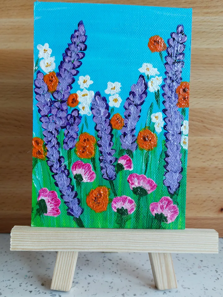Mini painting depicting Meadow flowers, Original design, Painting on a panel