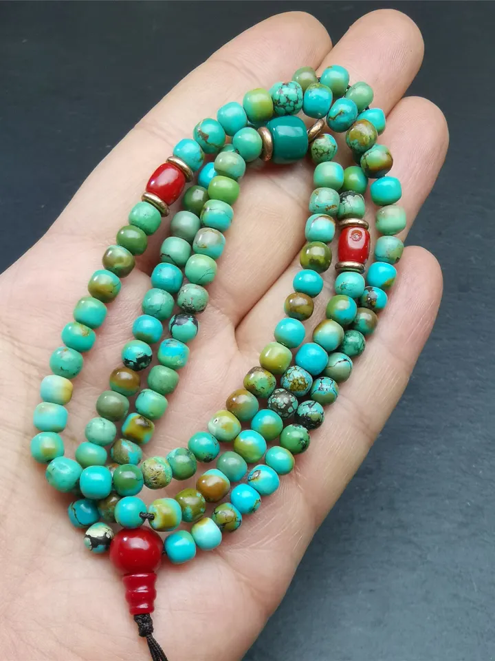 Gandhanra Old 108 Turquoise Beads Necklace Mala,Tibetan Prayer Beads for Meditation Practice ,Diameter 0.23", Circumference 24 inches