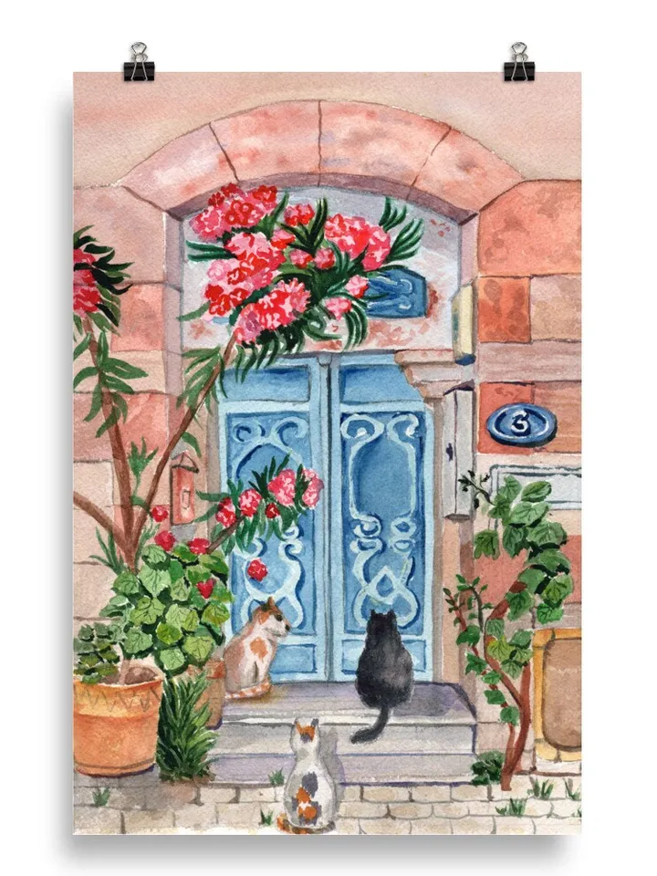 Cat Illustration Watercolor Painting Wall Art Print, Floral Illustration, Cat Home Gift, Gift For Plant Lover, Black Cat Art, Cat In Flower