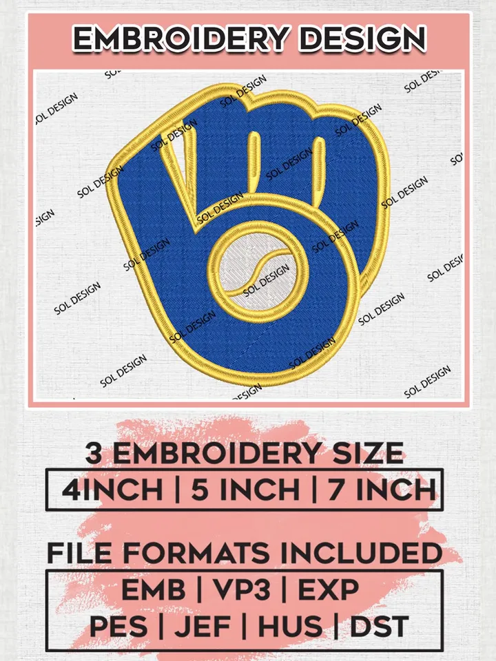 MLB Milwaukee Brewers Logo Embroidery Design Files, MLB Milwaukee Brewers Team Embroidery, MLB Teams, 3 sizes, MLB Machine embroidery designs, Digital Download