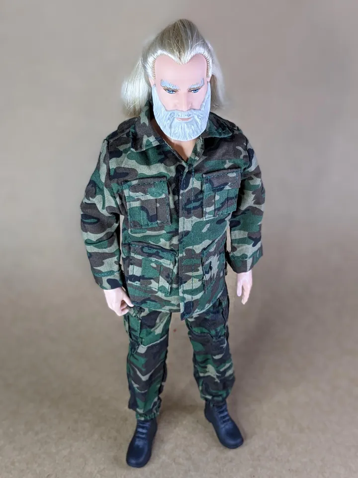 Military-style camo jacket, pants, and backpack for 12-inch fashion male dolls
