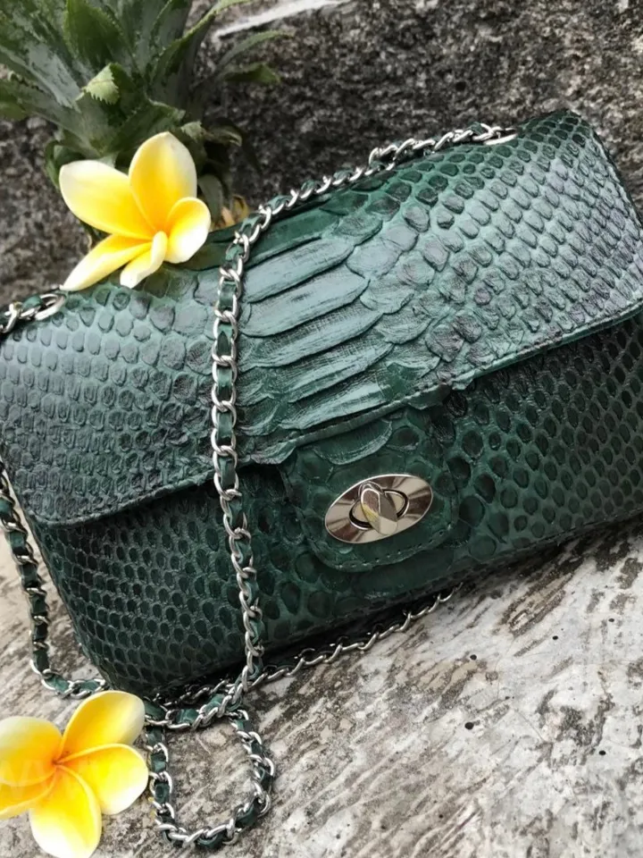 Genuine Python Skin Green Color Shiny Chain Bag | Shoulder Bag | Crossbody Bag | Green Leather Bag | Woman Classy Bag | Python Skin Bags