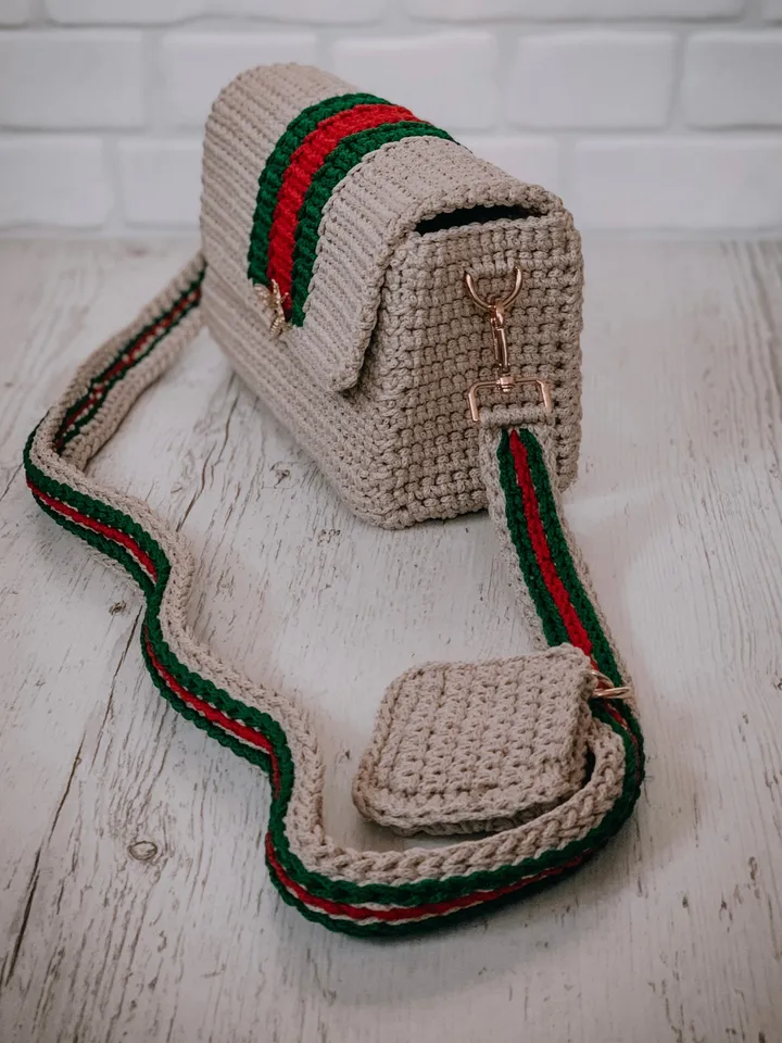 Beige crossbody with red stripe, crochet bag, handmade luxury handbag, clutch, shoulder bag, accessories for gift, polyester cord