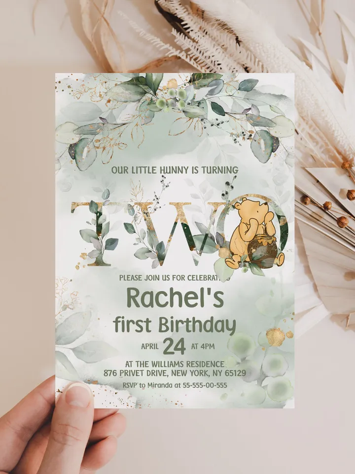 Classic Winnie Pooh Baby Birthday Invitation; Winnie Pooh Baby Birthday ; Greenery Baby Birthday; Honey Bear Birthday; Winnie Pooh wp