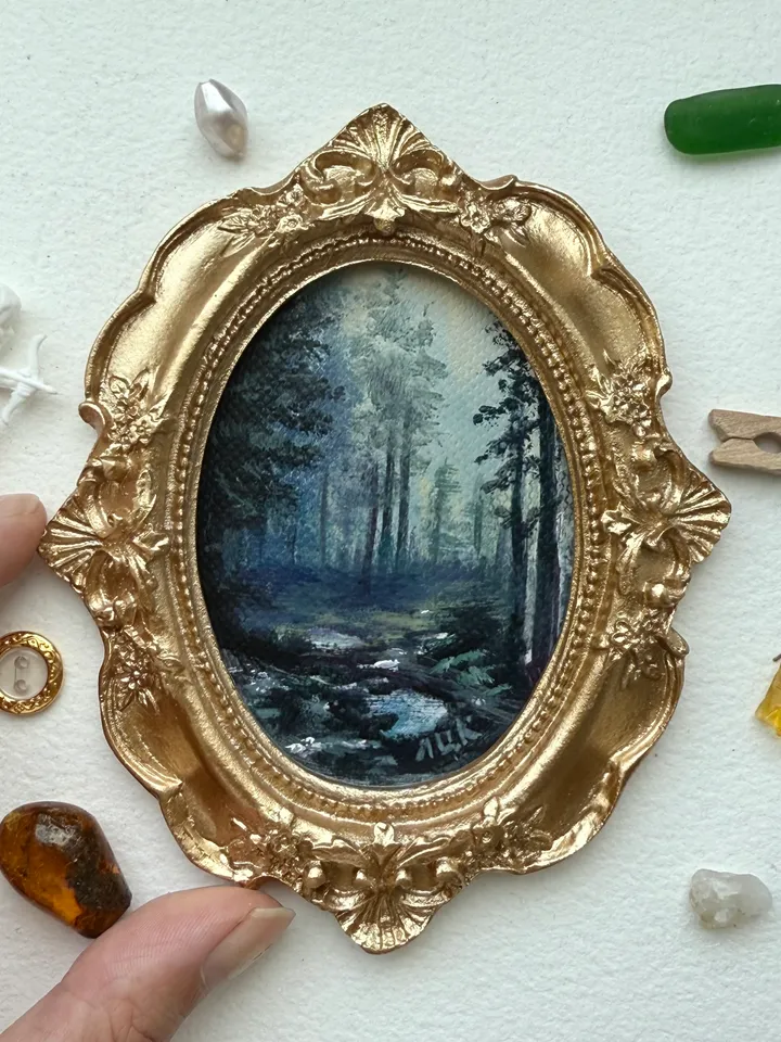 Enchanted Forest Landscape Oil Painting Original In Vintage Style Frame Small Framed Oval Painting Art