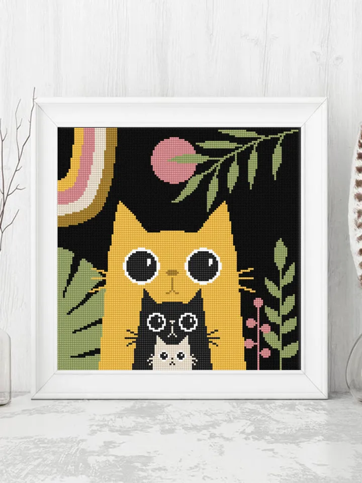 Boho cat cross stitch pattern PDF download Boho cross stitch chart, Abstract nature pattern digital PDF, Boho floral, Cat lover gift #K37