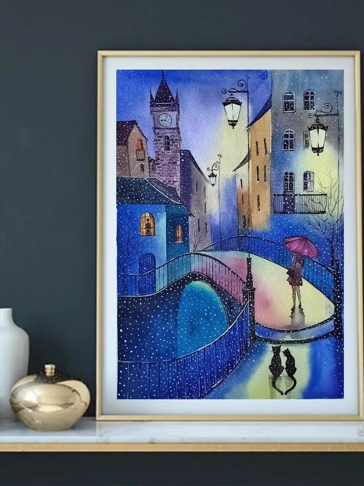 Winter Night Artwork Original Watercolor Painting Snowfall in Old Town 11.81x15.74 in by Art Café