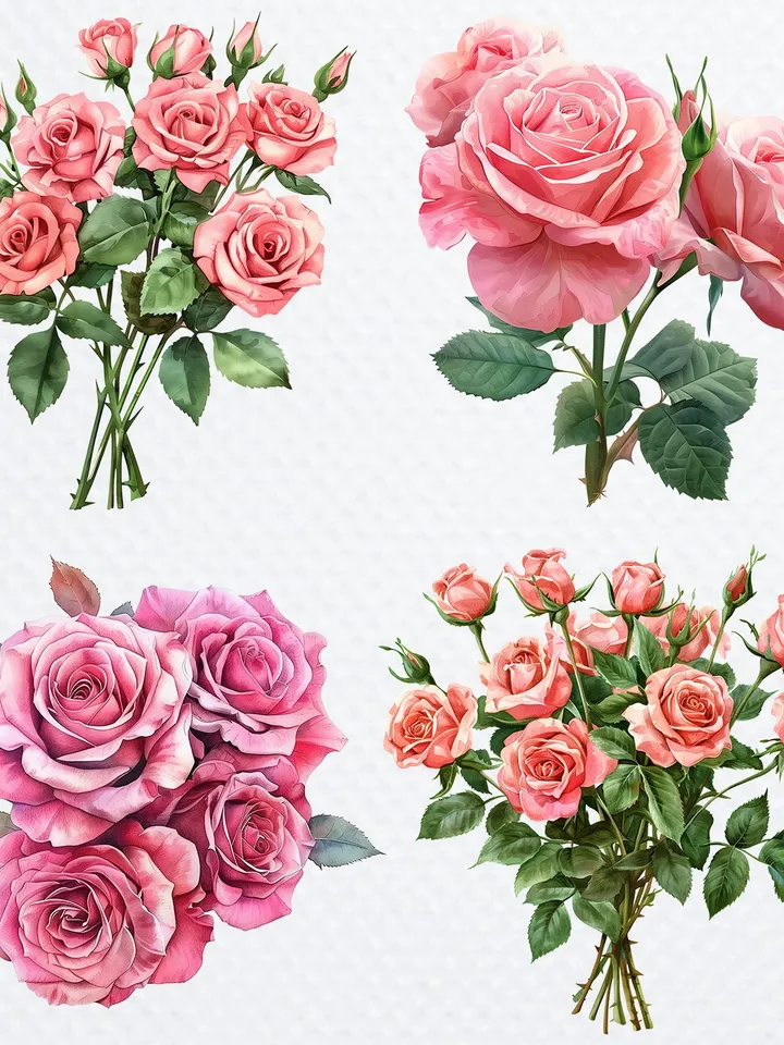 16 Pink Roses PNG Bundle, Watercolor Roses bouquet for sublimation, Paper craft, Printable Roses clipart, Digital download, junk journals