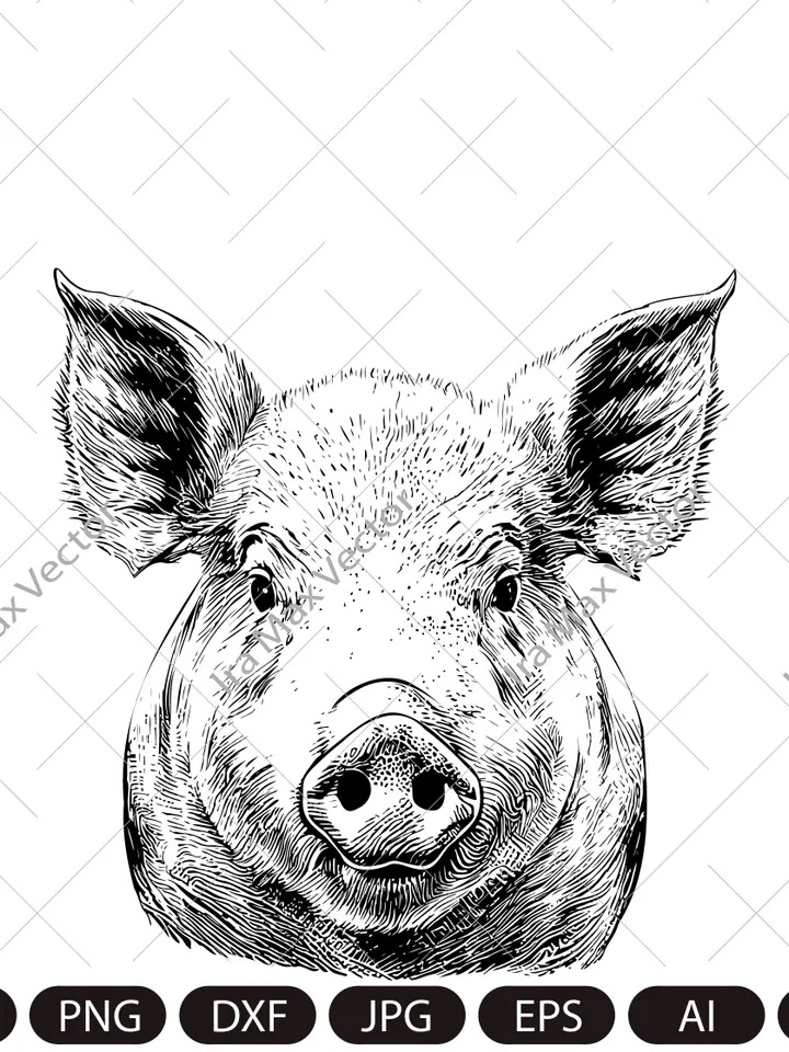 Pig Svg,Pig face, Piglet Head, Pig Silhouette, Pig detailed portrait, Farm Animals Silhouette