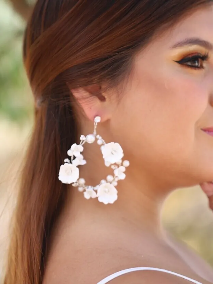 Delicate Porcelain Flowers Wedding Earrings For Bride, Crystal Silver Bridal earrings, Hoop Earrings, Chandelier Statement Earrings, Jewelry