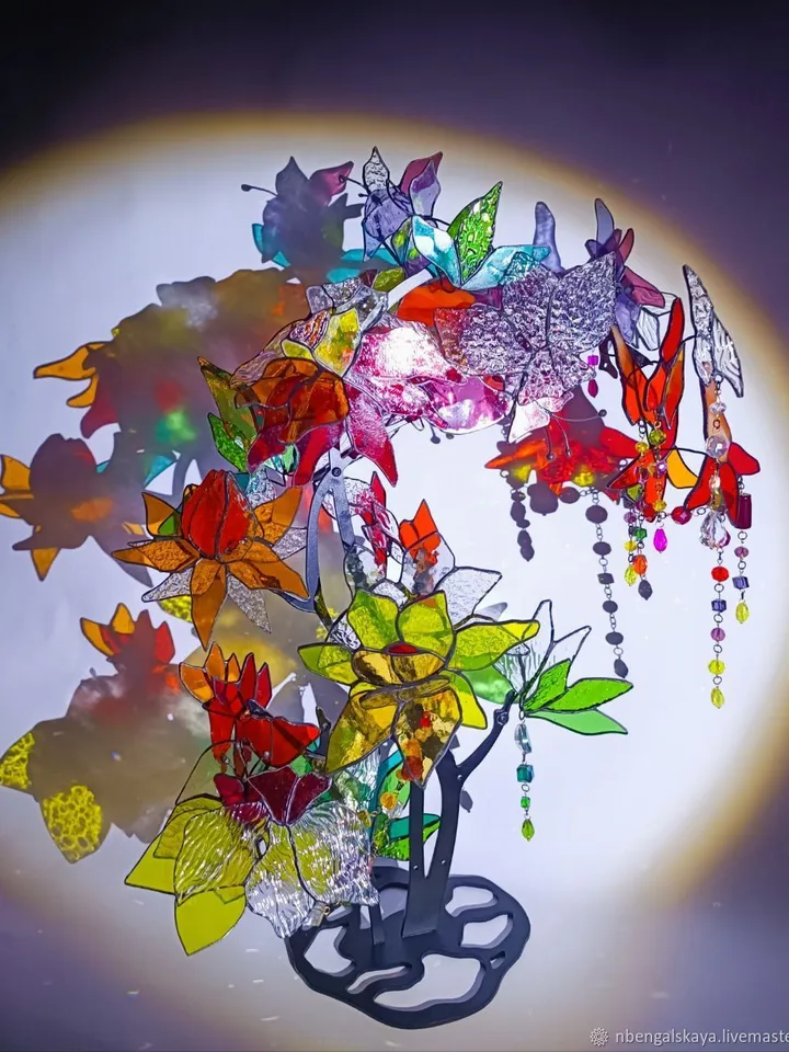 Vertical Flower Branch 3D, 3D Stained Glass Flower Branch, Vertical 3D Floral Stained Glass Branch, 3D Floral Branch in Stained Glass, Vertical Stained Glass Flower Composition in 3D, 3D Stained Glass Blossom Branch, Vertical 3D Flower Design
