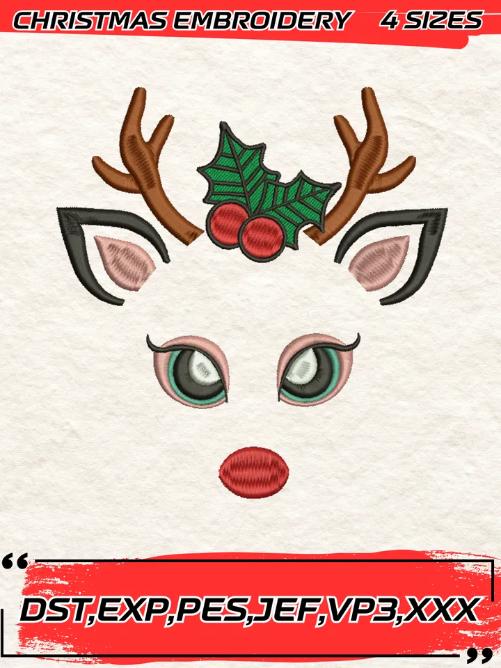 Reindeer Faces Embroidery Design,Christmas Embroidery Design,4 Sizes, Digital Download