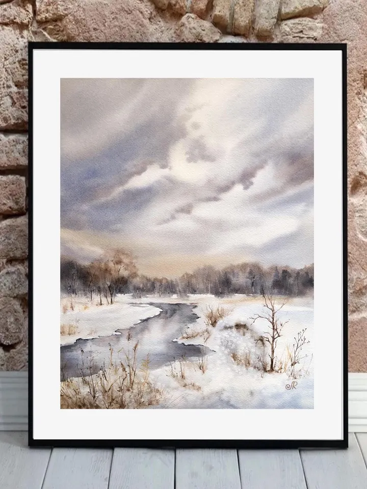 Landscape Original Watercolor Painting Autumn Painting