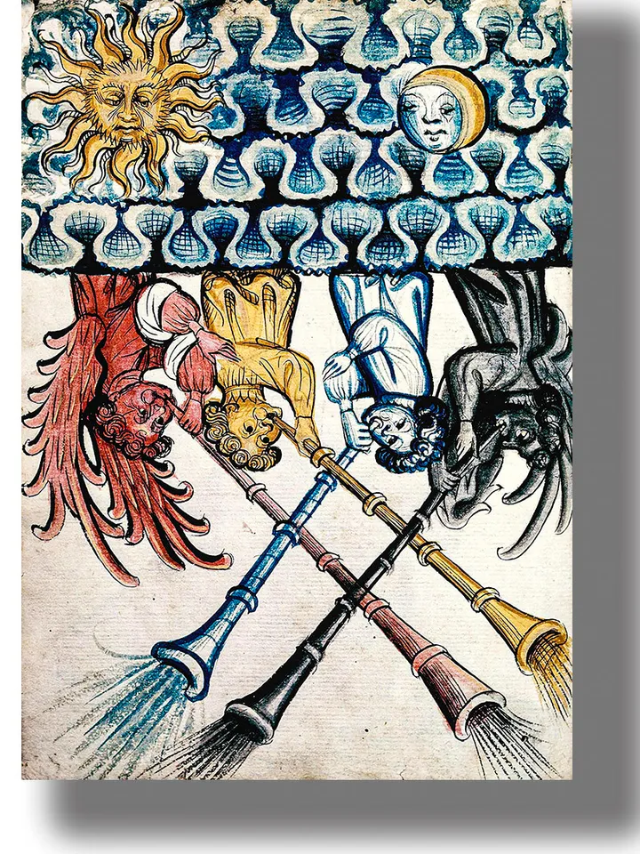 Four angels are blowing their trumpets, heralding the end of the world.